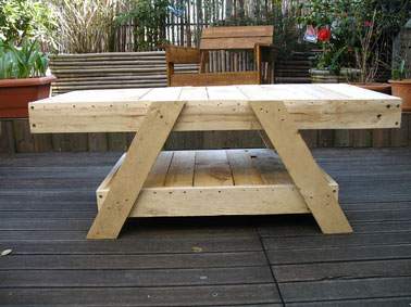Table de salon de jardin faite à partir de palettes bois. Une fois les palettes assemblées elles sont poncées puis peintes avec une lasure de couleur naturelle