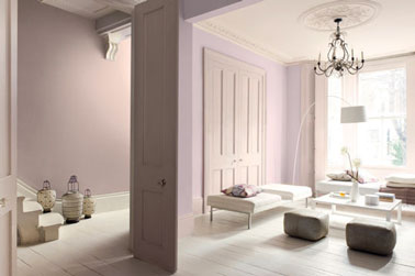 Salon couleur rose et blanc. Peinture salon dans des nuances de rose pour murs et moulures plafond et porte. Ambiance romantique accentuée par les mélanges de styles