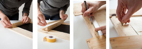 Fixez la baguette d'angle récupérée sur la cagette sur le bas du tableau pour créer un repose craies ou crayons. 
