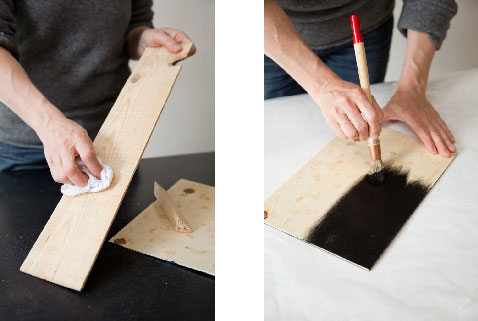 poncer les morceaux de bois et peindre le fond avec de la peinture ardoise (2 couches conseillées)