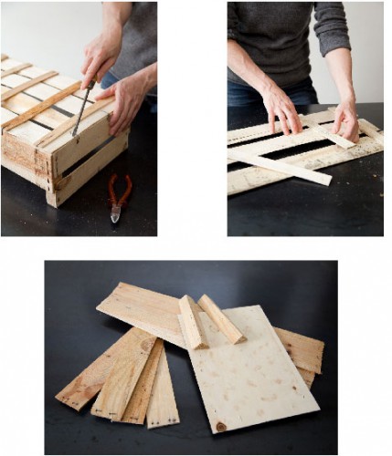pour réaliser un tableau ardoise avec des cagettes en bois commencez par retirer toutes les agrafes pour séparer tous les morceaux de bois