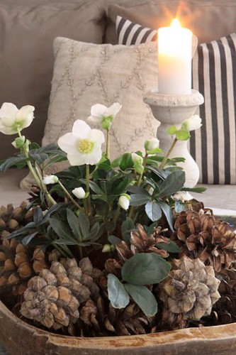 Egayez votre table pour les fêtes avec une belle composition de verdure décorée de pommes de pin et de jolie roses de Noël ! Ajoutez des bougies et de petites décorations de Noël pour une table scintillante et originale