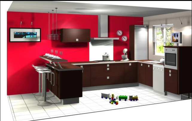 Repeindre sa cuisine avec une peinture spéciale cuisine couleur rouge. Meubles de cuisine design noir