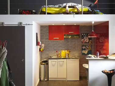 Dans un studio, la cuisine aménagée sous la mezzanine dont le haut est occupée par la chambre. Le retour de mur permet agencer la cuisine en U comme une grande. idée Cuisine Leroy Merlin