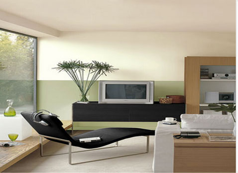 decoration salon design avec couleurs galet et vert pour les murs meuble tv et chaise longue noir