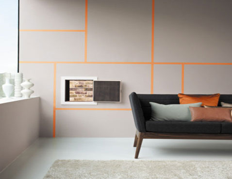 decoration salon contemporain couleur peinture murale gris perle et decoration graphique avec peinture orange