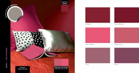 pour la decoration chambre adulte, peinture murale couleur bordeaux finition mat, linge de lit et edredon rouge pivoine, coussin tissu argente