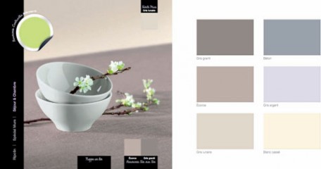 pour la decoration d'une salle à manger ambiance zen peinture murale couleur blanc casse finition satin, nappe en lin
