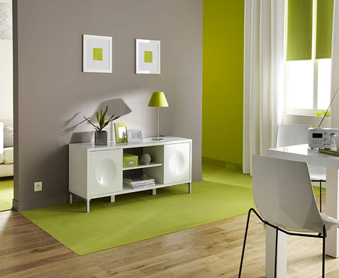 Decoration salon. salon ambiance zen avec peinture couleur brun taupe en contraste avec peinture vert anis sur mur, la couleur du tapis et des stores en tissus. le parquet chêne clair apporte une note chaleureuse