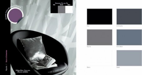 couleurs peinture harmonie gris, noir et blanc couleur en contraste prune decoration salon, fauteuil cuir noir, rideaux voilage blanc, coussin tissu metalisé, peinture murale gris souris peinture ripolin