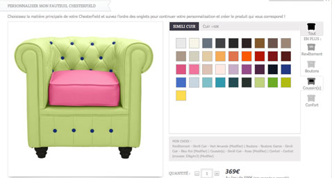 fauteuil à personnaliser avec l'usine a design-voir le resultat de la personnalisation avant de valider 