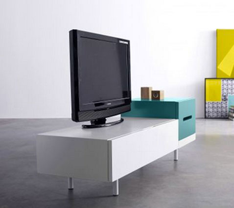 meuble TV design blanc laque tiroir couleur gris ardoise ou bleu celadon collection Kolorcaz chez 3 suisses