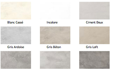 Pour patiner un meuble ou un mur, nuancier 9 teintes (blanc cassé, Ciment doux, gris Ardoise, Béton, Loft...de la collection Caresse du Temps de Maison décorative.
