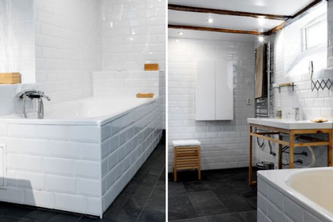 salle de bain carrelage mural blanc meubles de rangement en teck carrelage sol noir