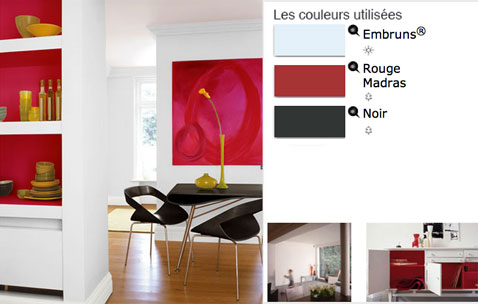 peinture Blanc rouge et noir des couleurs en contraste pour la salle a manger Dulux Valentine Pour une ambiance dynamique dans la salle à manger , osez les contrastes de couleurs de peinture comme ici : blanc, rouge et quelques touches de noir