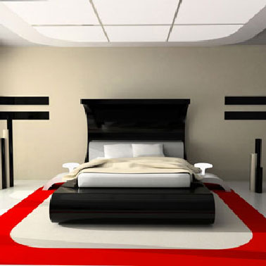 Chambre design avec decor de peinture pour sol couleur rouge et blanc Pour personnaliser le sol de cette chambre design, un tapis est peint directement sur le sol avec une peinture spéciale sol dans un jeu de couleur rouge et blanc cassé autour du lit.