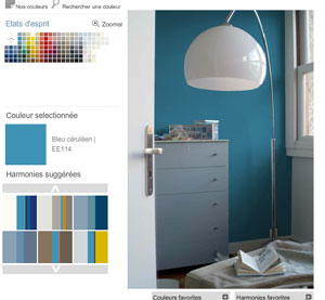 Pour la couleur de peinture chambre, choisir dans le nuancier la couleur, ici un bleu céruléen, puis choisissez les autres couleurs à associer parmi les harmonies de couleurs proposées par Tollens