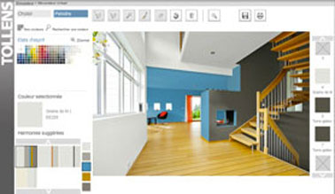 couleur salon peinture taupe et bleu Neptune Tollens Simulation couleur peinture dans un salon. Escalier et ilot central couleur taupe terre d'ombre, associé à un bleu neptune dans la salle à manger et à un graine de lin pour la peinture plafond et du salon