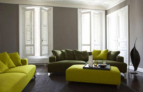 couleur taupe et vert dans un salon contemporain Déco salon couleur taupe et vert anis. Peinture couleur taupe, boiseries peinture blanche, canapé vert anis et vert mousse, une association de couleurs réussie