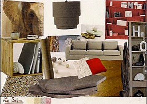 planche couleurs pour la décoration d'un salon taupe. Rouge pour peinture et coussins, couleurs naturelles pour le canapé, les meubles et le sol