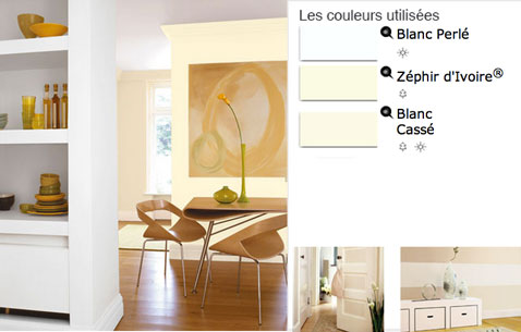 peinture salle à manger couleurs en dégradé de blancs Dulux Valentine Pour une ambiance naturelle et fraiche, un dégradé de peinture blanche pour la décoration de cette salle à manger lumineuse.