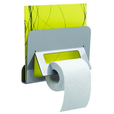 Un dérouleur papier toilette avec porte-revue intégré. Idéal pour gagner de la place dans les toilettes. Existe en trois couleurs : Gris, noir ou blanc