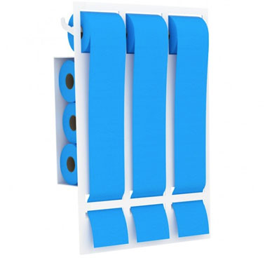 un distributeur de papier toilette qui conjugue 3 dérouleurs papier wc et un rangement arrière pour stocker jusqu'à 9 rouleaux