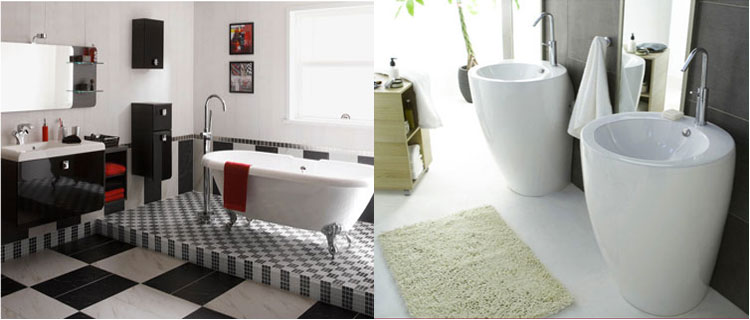 La salle de bain se fait design en noir et blanc avec le carrelage mural et sol, des meubles sous vasque et de rangement noir laqué