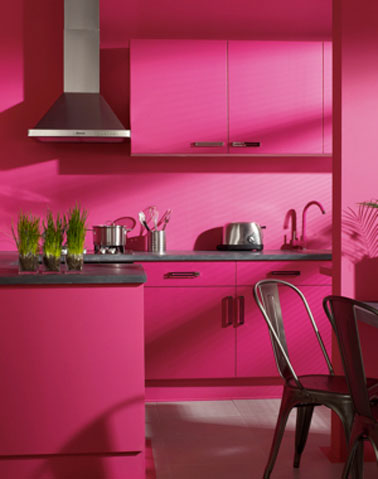Décoration d'une petite cuisine hyper peps avec des meubles et une peinture murale en rose vif