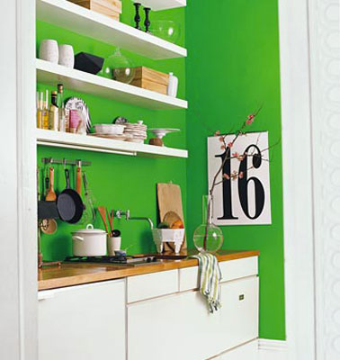 Aménagement d'une petite cuisine avec meubles façades portes blanche, plan de travail en teck peinture murale couleur vert émeraude
