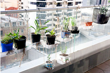 aménagement suspension pour fleurs et plantes aromatiques sur un balcon. Suspensions petites plantes fabriquées avec pots de culture et containers de récupération