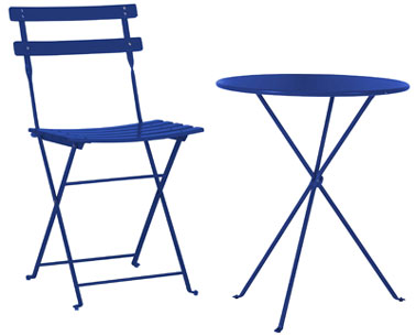 chaises et table de jardin pliante en acier époxy disponible en couleur orange et bleu Monaco chez Habitat