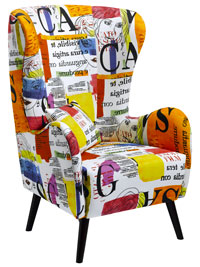Fauteuil à oreille pied bois, tissu imprime couleur style vintage moderne de Helline