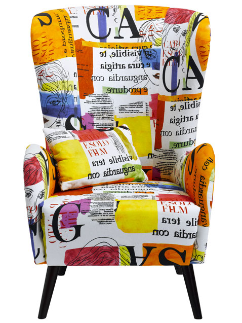 Fauteuil style vintage moderne, piétement bois, revetement tissu coton imprimé 