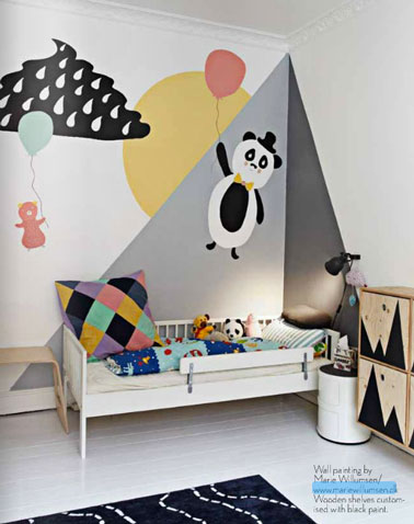 Décoration murale dans une chambre d'enfant en gris noir et jaune