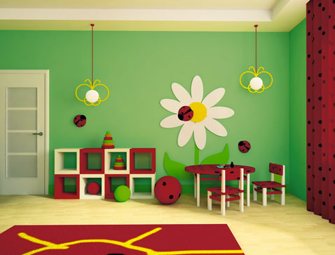 peinture chambre enfant couleur vert  table et tapis couleur rouge du Pérou. Collection Ile du Pacifique peinture Bio Bondex