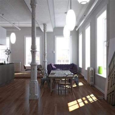 Une couleur gris bleuté dans une salle à manger de loft decoration salle à manger style loft. couleur peinture grise et blanche, parquet bois chêne moyen, table d'atelier et chaises dépareillées