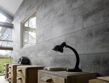 Déco murs salon avec Lambris PVC effet métal gris style loft. Ref : Attitude Aboutable métal oxydé, système de lames emboutables. Prix 37.53 € cMonsieur Bricolage.
