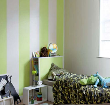 Lambris mural PVC pour une déco chambre enfant. Effet déco avec une pose verticale et alternance de lambris Vert nais et blanc