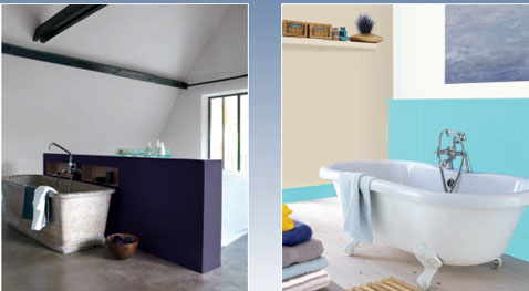 Deux salles de bain repeintes avec une peinture Astral Peinture salle de bain. Peinture couleur violet et blanc, et bleu et lin peinture Astral gamme Expression