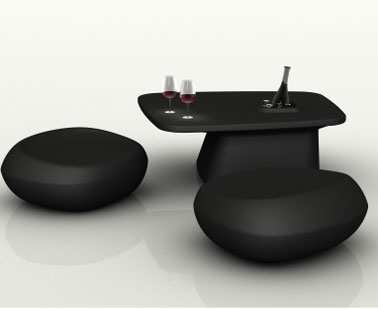 Pouf de jardin forme galet et table basse assortie couleur noir disponible aussi en rouge 