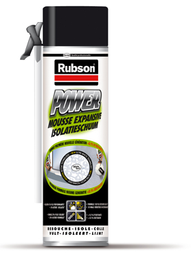 Bombe mousse expansive, Mousse Power Rubson, existe en 300 et 500 ml pour boucher trous et fissures en vente en grande surface de bricolage