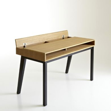Bureau chambre ado, plaqué chene et pieds noir avec casier de rangement sous plateau