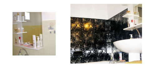 relooking salle de bain avec carrelage adhésif Métal déco, carreaux de métal noir et argent finition brillante