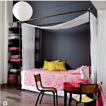 Deco chambre fille grise anthracite . Ciel de lit voile blanc, armoire couleur peinture gris anthracite. Dessus de lit imprimé rose, coussins jaune vif