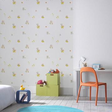 papier peint chambre enfant motifs nounours couleur vert et beige Leroy Merlin