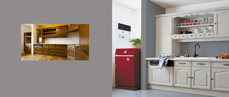 Rénovation Cuisine facile avec V33, la peinture meuble cuisine, carrelage mur et sol réunit dans une même gamme. Une bonne astuce pour coordonner les couleurs entre les différents supports à repeindre dans la cuisine