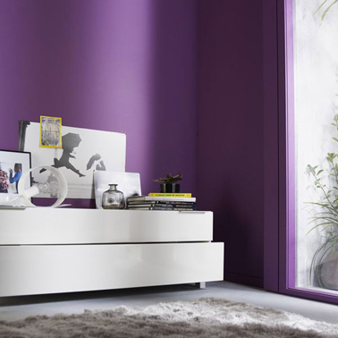 Peinture salon couleur prune pour la déco d'un salon contemporain avec meubles laqués blanc, tapis gris grandes méches