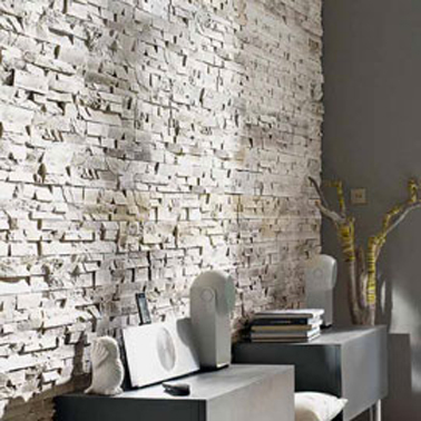 Plaquettes de parement en plâtre aspect pierre naturelle clairsur plaque autocollante Star Easy Fix chez Castorama
