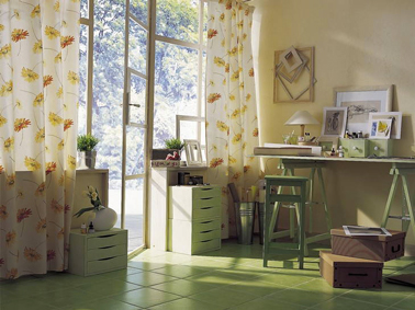 Aménagement et décoration d'un bureau couleur vert d'eau et lin décoration d'un espace bureau ouvert sur le jardin décliné en vert d'eau et lin naturel
